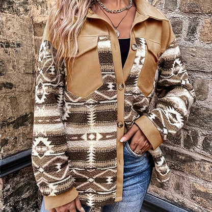 Women’s Geometric Fleece Jacket – Warm Color Block Winter Coat