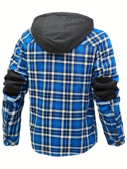 Men’s Plaid Flannel Hooded Jacket – Asymmetrical Button Tartan Coat