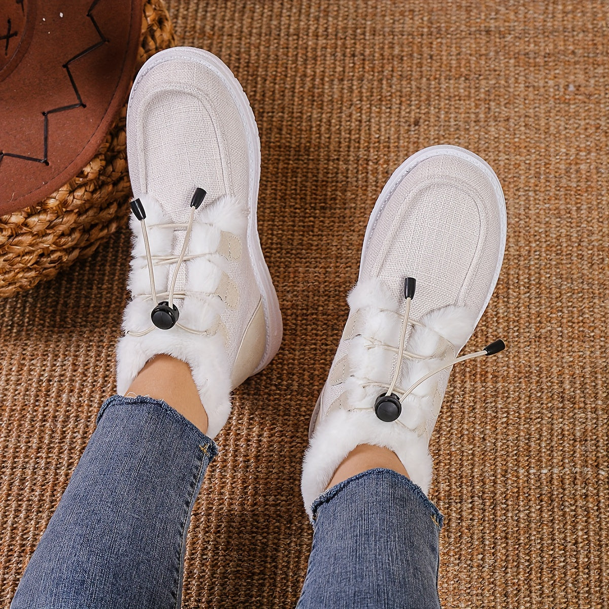 Women’s Faux Fur Slip-On Shoes – Cozy Winter Warm Beige Drawstring Loafers