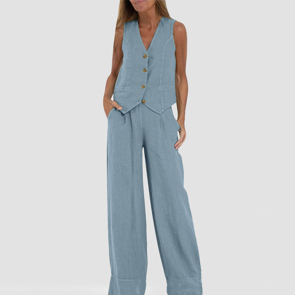 Loom & Soul™ Women’s Cotton-Linen Vest Suit – Sleeveless V-Neck Top & Loose Straight Trousers Set