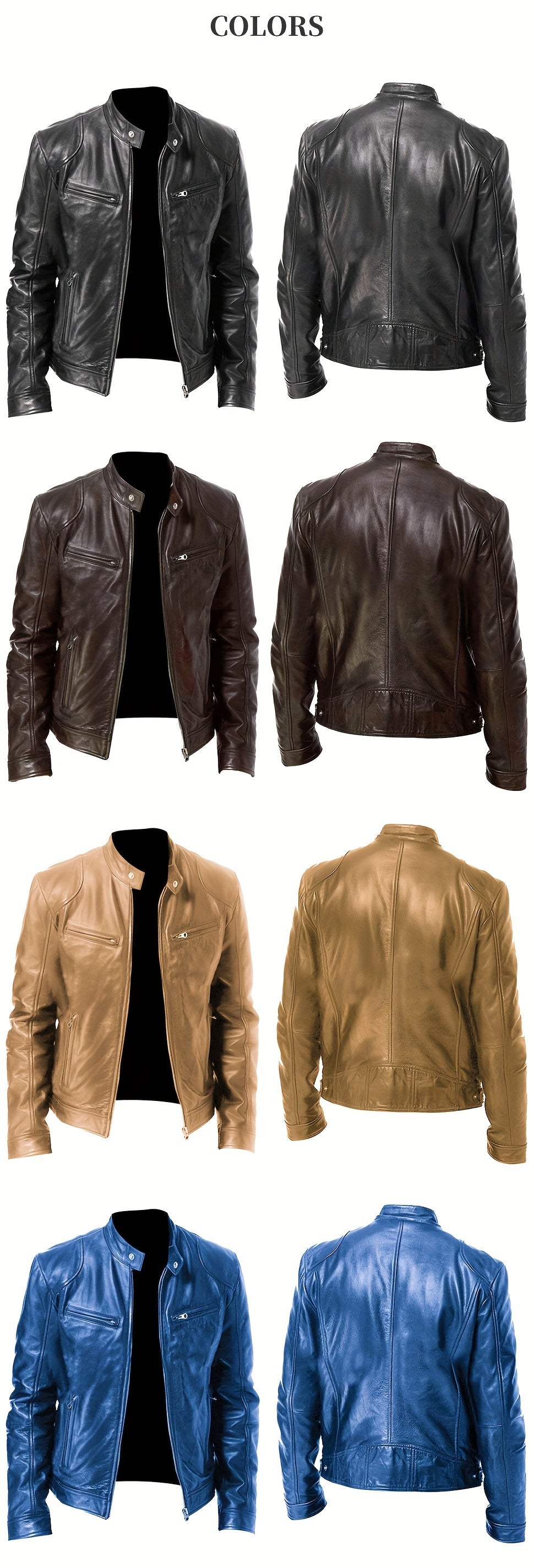 Men’s Full-Zip Motorcycle Jacket – Brown PU Leather Stand Collar Coat