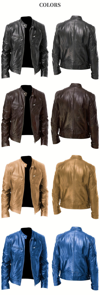 Men’s Full-Zip Motorcycle Jacket – Brown PU Leather Stand Collar Coat