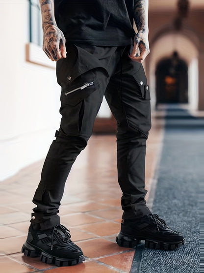Men’s Black Cargo Pants – Multi-Pocket Drawstring Streetwear Trousers