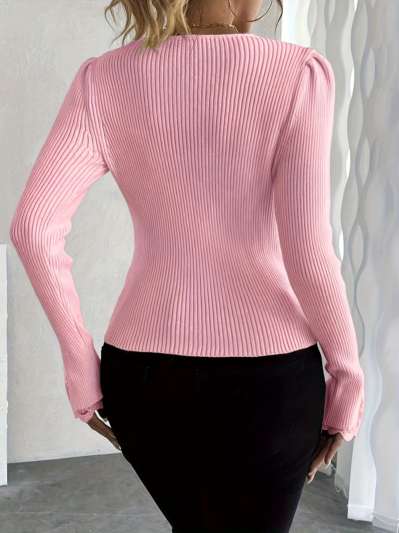 Women’s Elegant Pink V-Neck Pullover – Ribbed Long Sleeve Knit Top
