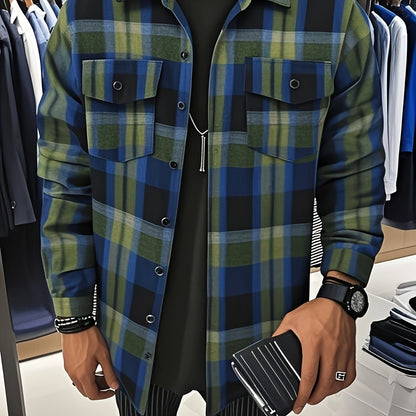 Chemise à carreaux verte et bleue pour homme – Chemise décontractée boutonnée à carreaux