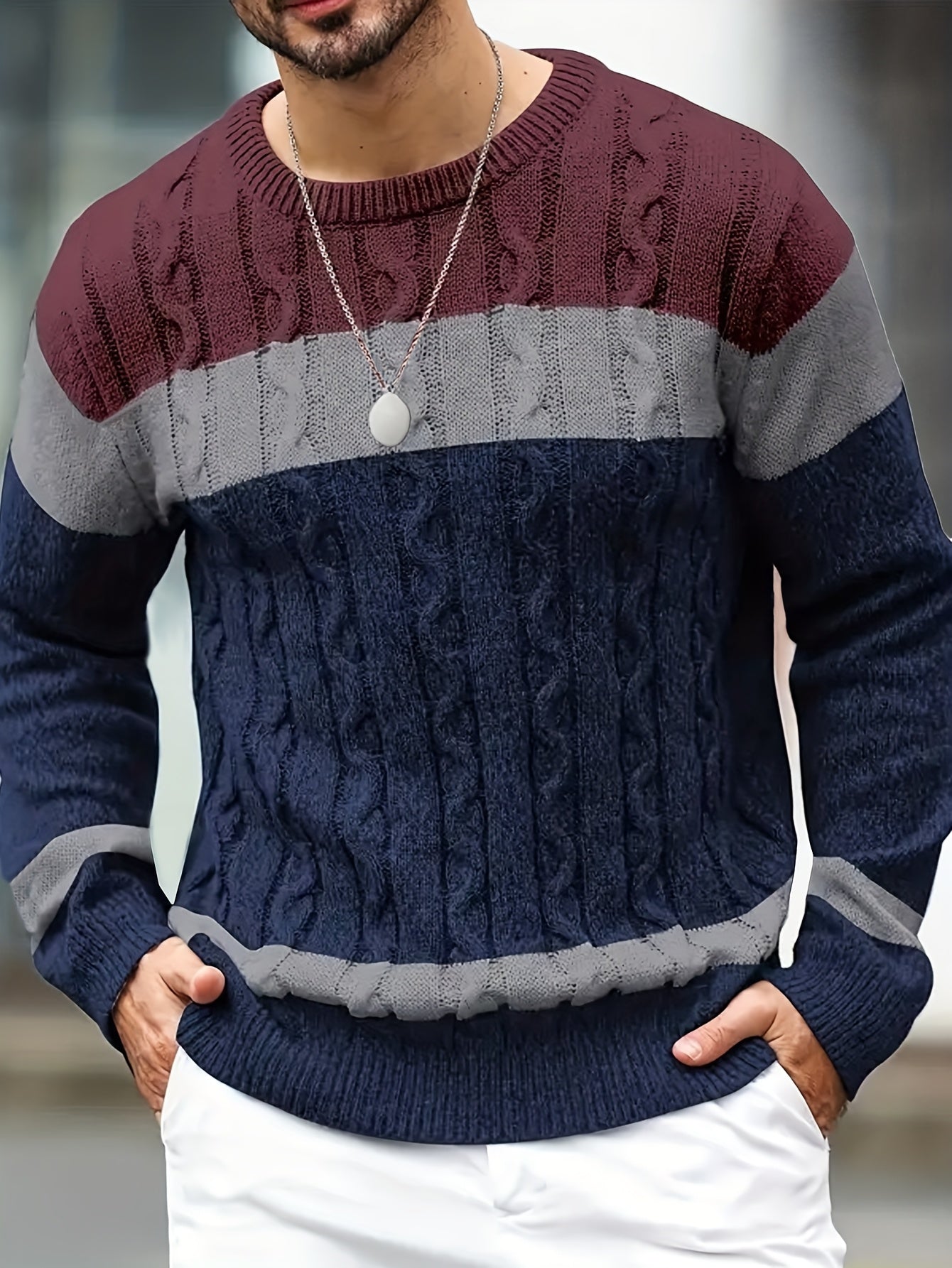 Men’s Color-Block Cable Knit Sweater – Soft Crew Neck Pullover