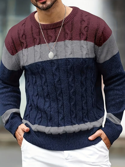 Men’s Color-Block Cable Knit Sweater – Soft Crew Neck Pullover
