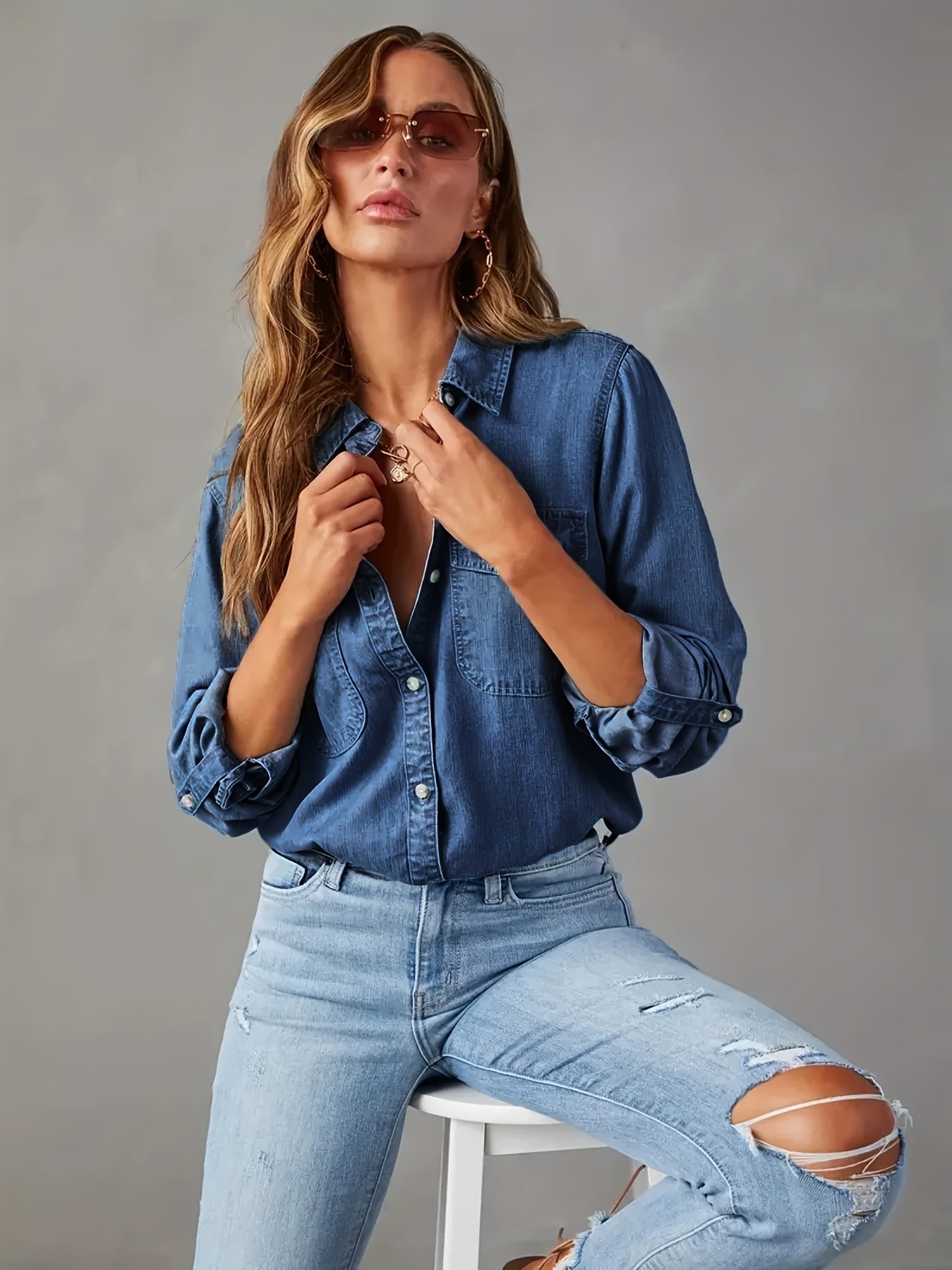 Camisa vaquera de botones para mujer – Blusa de trabajo casual de manga larga