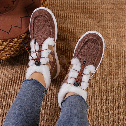 Women’s Faux Fur Slip-On Shoes – Cozy Winter Warm Beige Drawstring Loafers