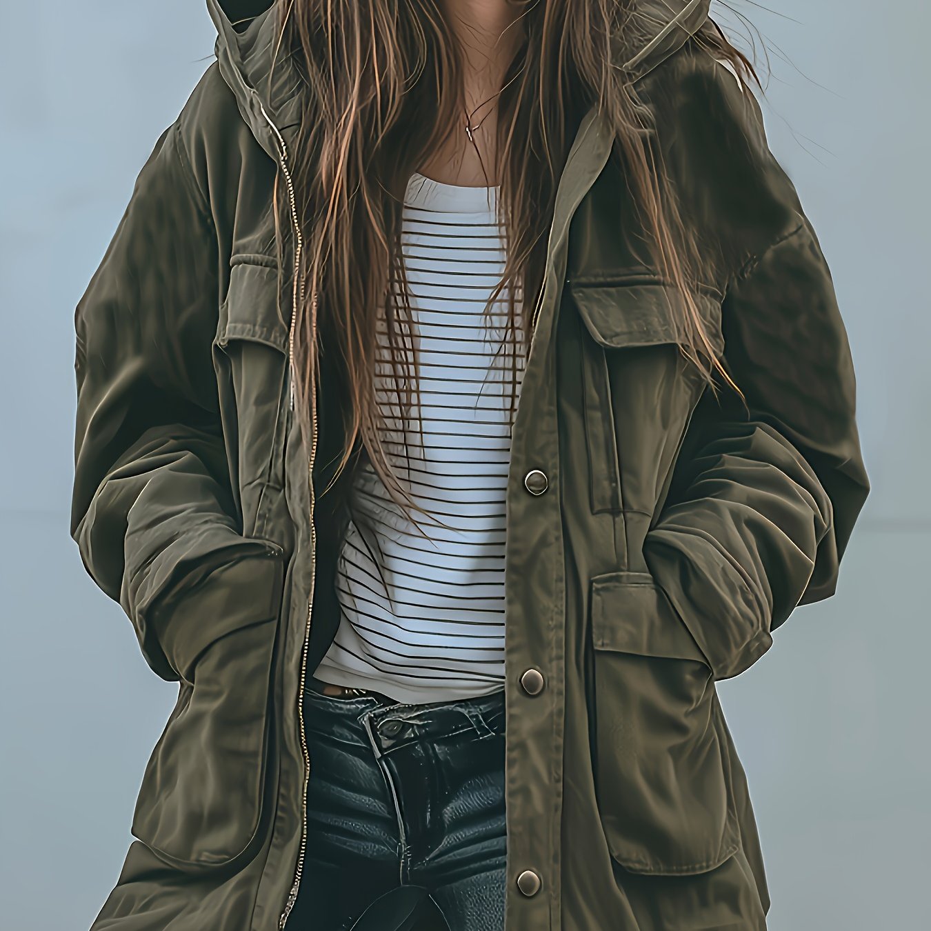 Women’s Olive Heavy-Duty Hooded Jacket – Thick All-Season Workwear Coat