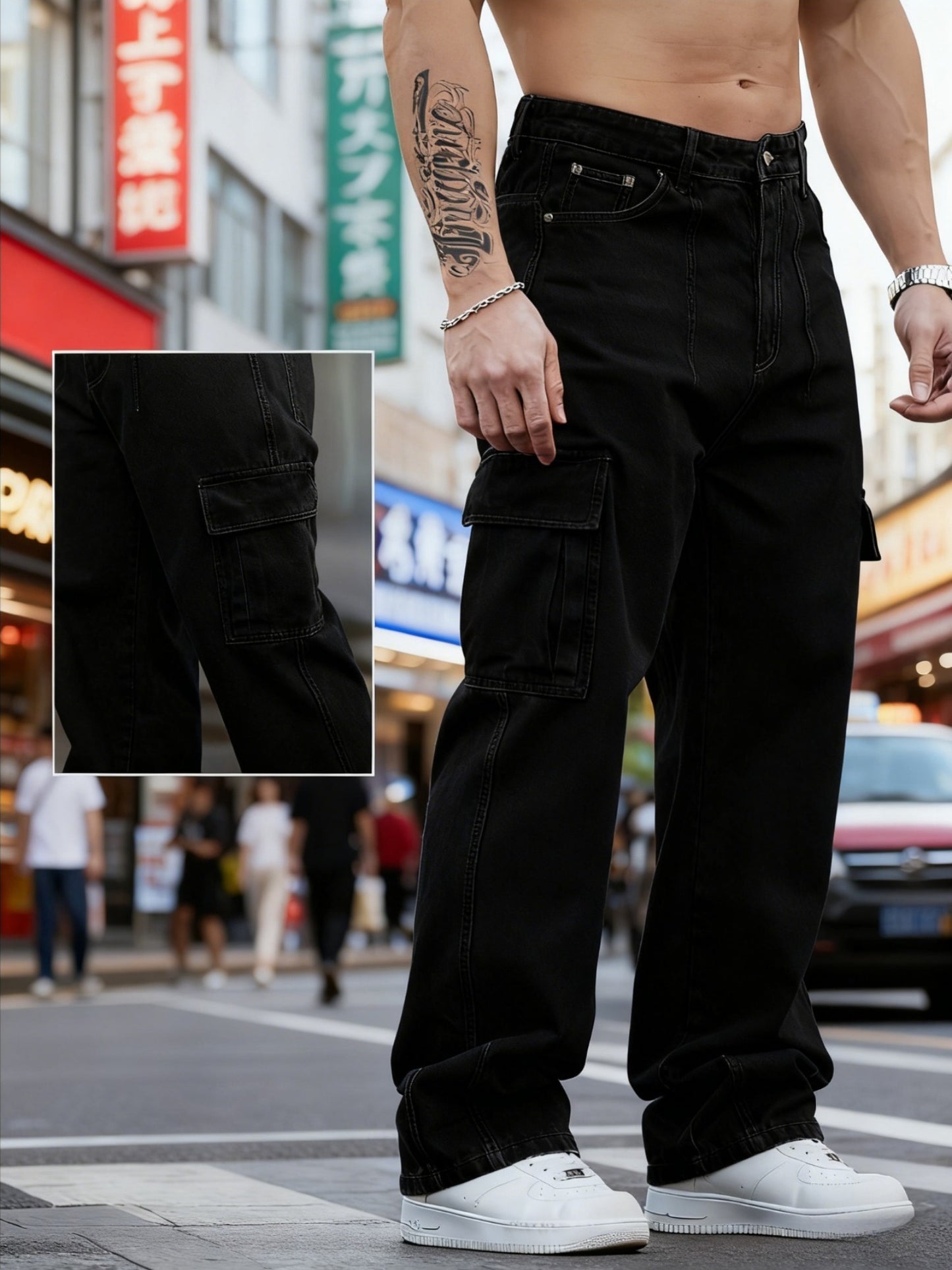 Jean taille large urbain – Jean délavé à poches multiples