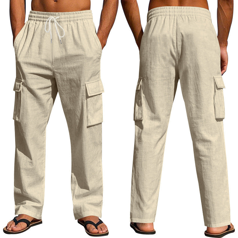 Loom & Soul™ Men’s Linen Cargo Pants – Multi-Pocket Breathable Straight-Leg Workwear Trousers