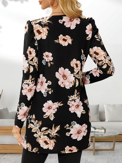 Women’s Houndstooth Cardigan – Elegant Puff-Sleeve Knit Jacket