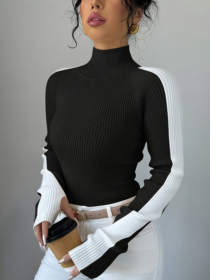 Suéter de cuello alto color block para mujer - Blusa elegante de punto suave