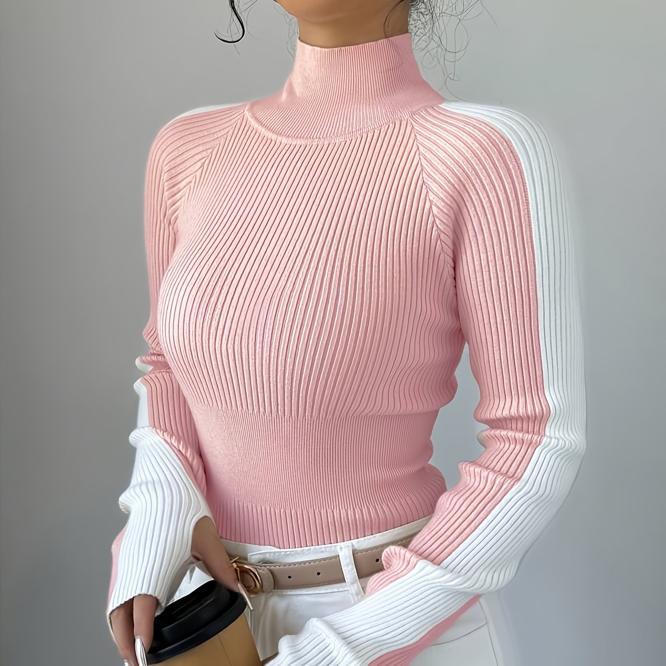Suéter de cuello alto color block para mujer - Blusa elegante de punto suave
