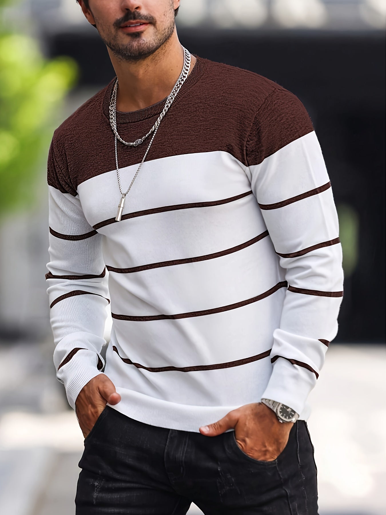 Pull tricoté rayé bleu marine pour homme – Col rond décontracté