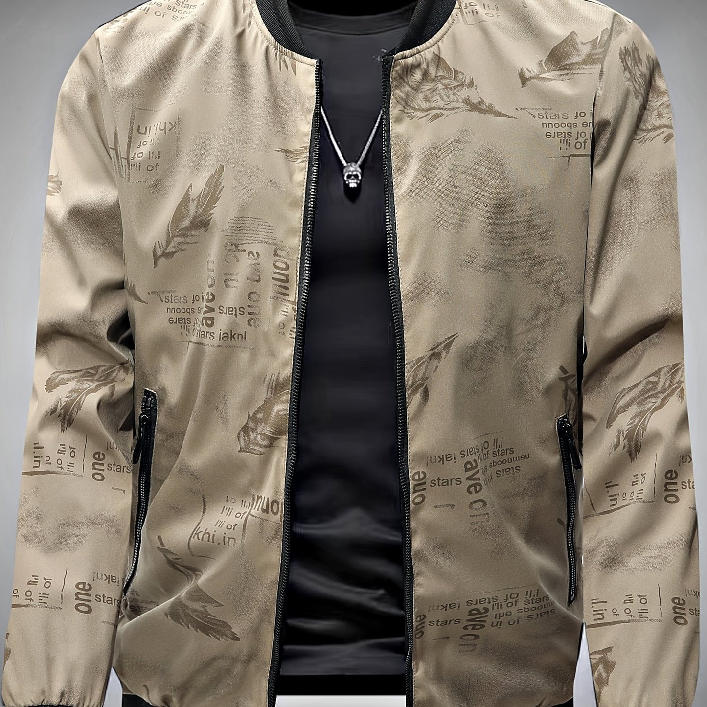 Men’s Feather Print Track Jacket – Zip-Up Baseball Collar Street Coat