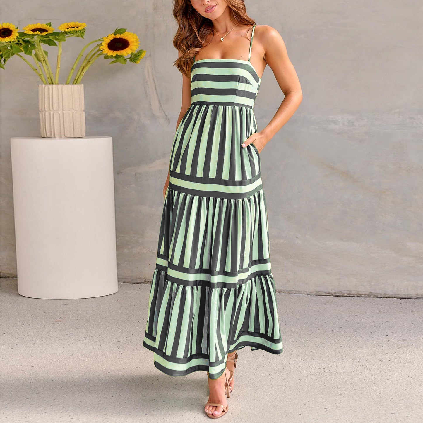 Loom & Soul™ Striped Maxi Sundress – Women’s Backless Square Neck Beach Vacation Dress with Pockets