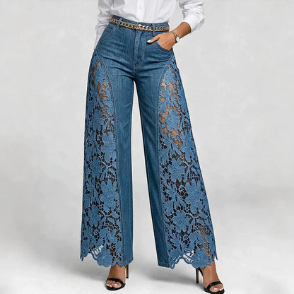 Women’s Lace Panel Jeans – High Waist Wide-Leg Denim