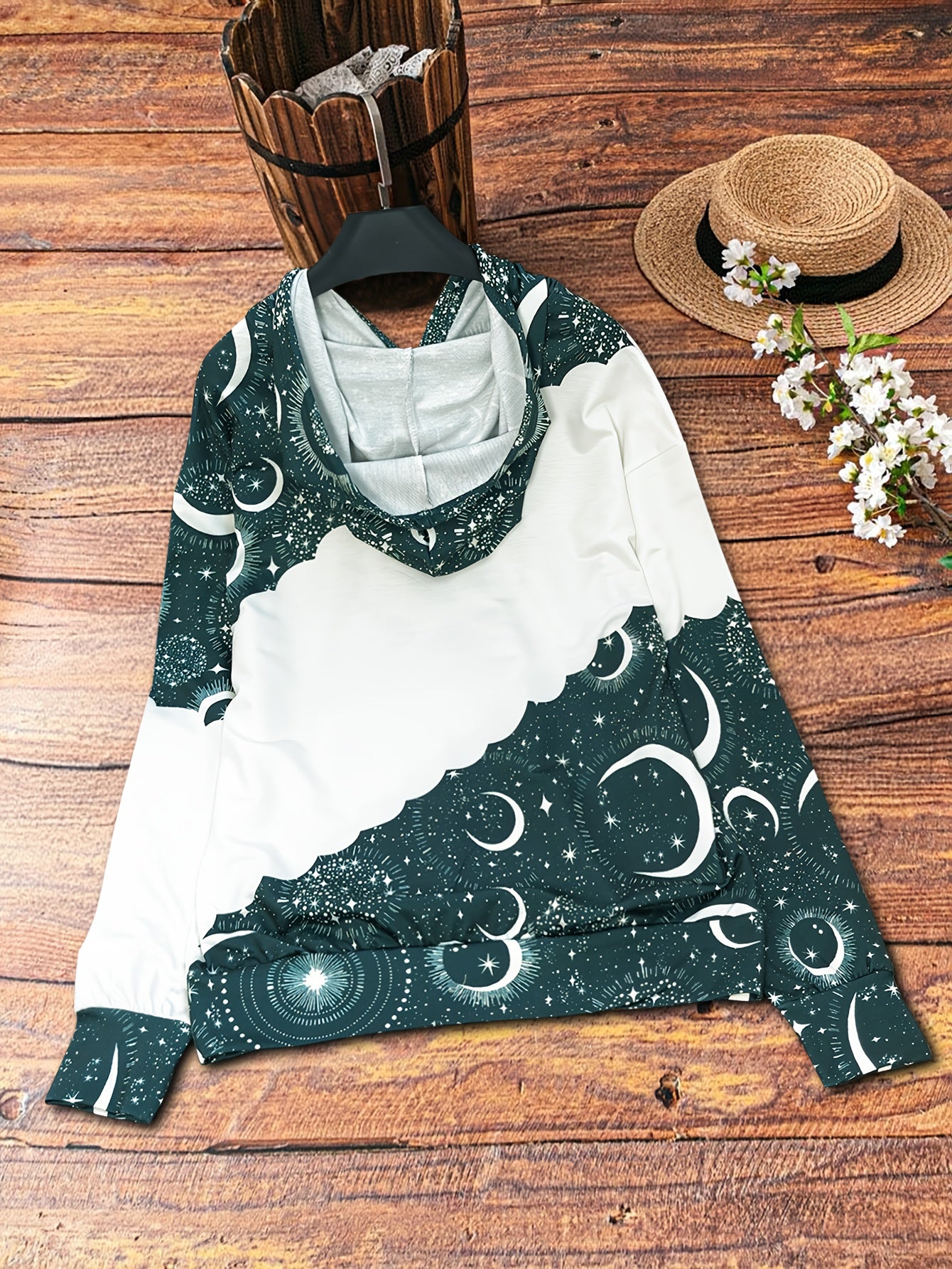 Boho Chic Celestial Hoodie – Women’s Green Zodiac Moon Pullover
