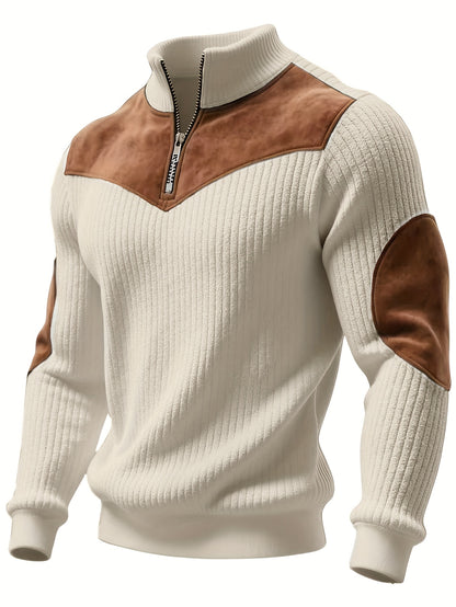 Men’s Stand Collar Half-Zip Pullover – Warm Ribbed Retro Sweatshirt