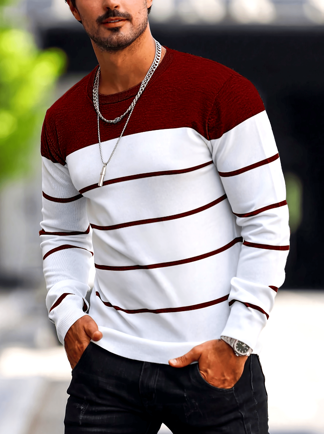 Pull tricoté rayé bleu marine pour homme – Col rond décontracté