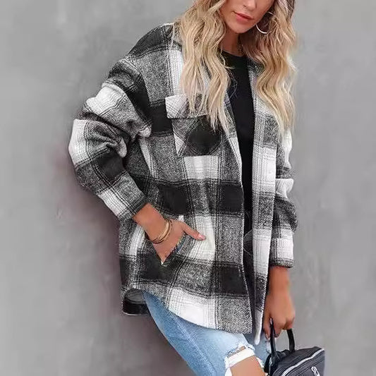 Women’s Plaid Buckle Jacket – Casual Loose Fit Coat