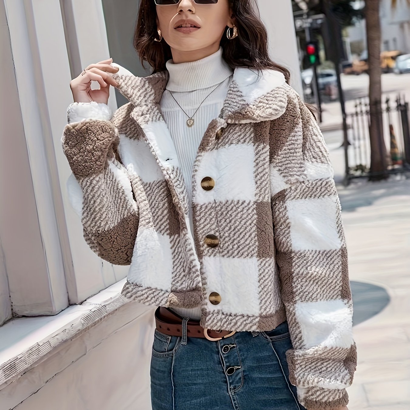 Women’s Plaid Teddy Coat – Warm Button-Up Long Sleeve Winter Outerwear