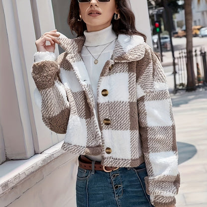 Women’s Plaid Teddy Coat – Warm Button-Up Long Sleeve Winter Outerwear