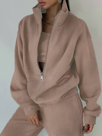 Plus Size Women’s Fleece Set – Zip-Up Hoodie & Pants Streetwear Outfit