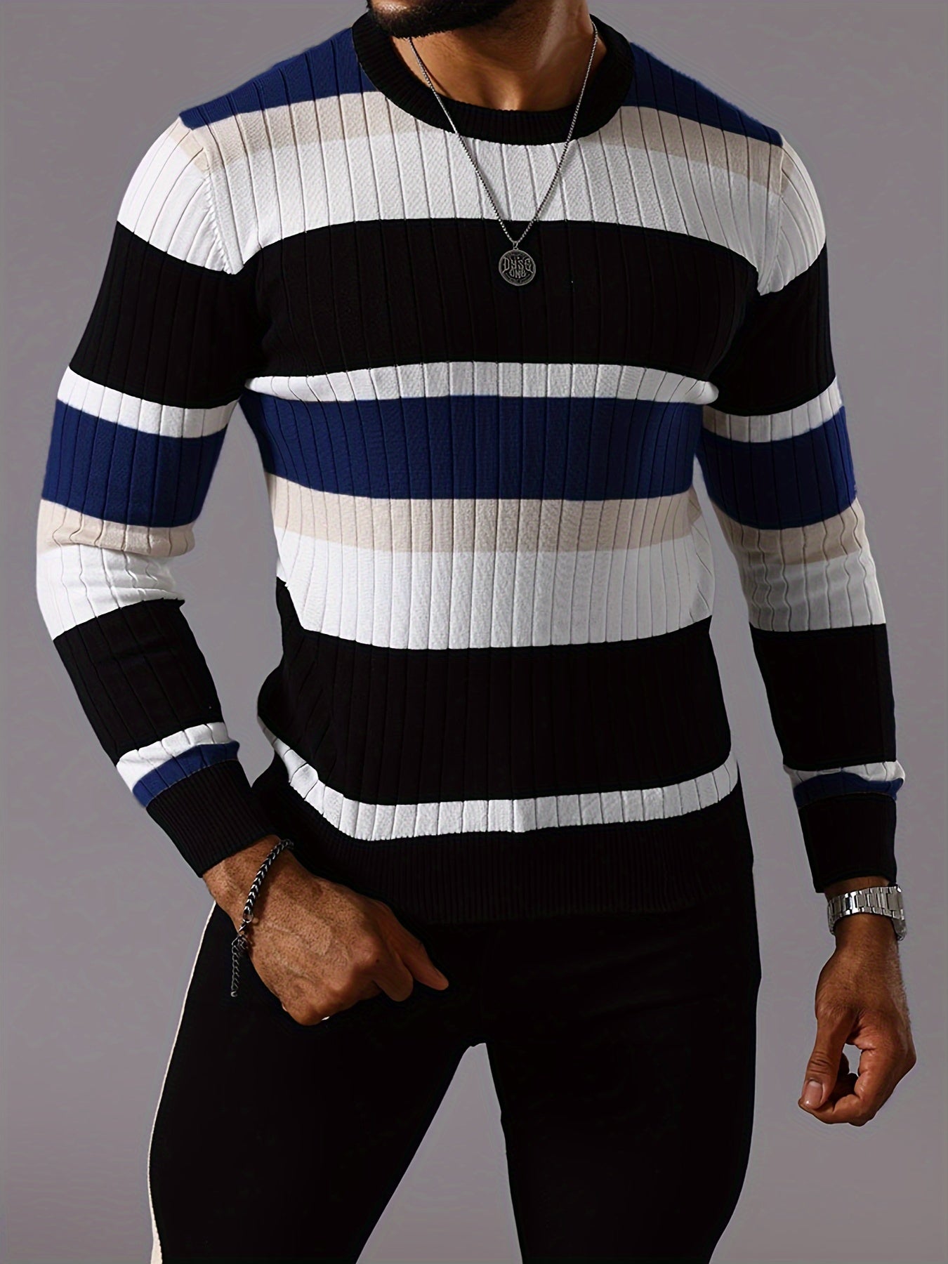 Men’s Striped Ribbed Knit Sweater – Color-Block Fall Winter Pullover
