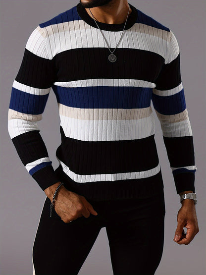 Men’s Striped Ribbed Knit Sweater – Color-Block Fall Winter Pullover