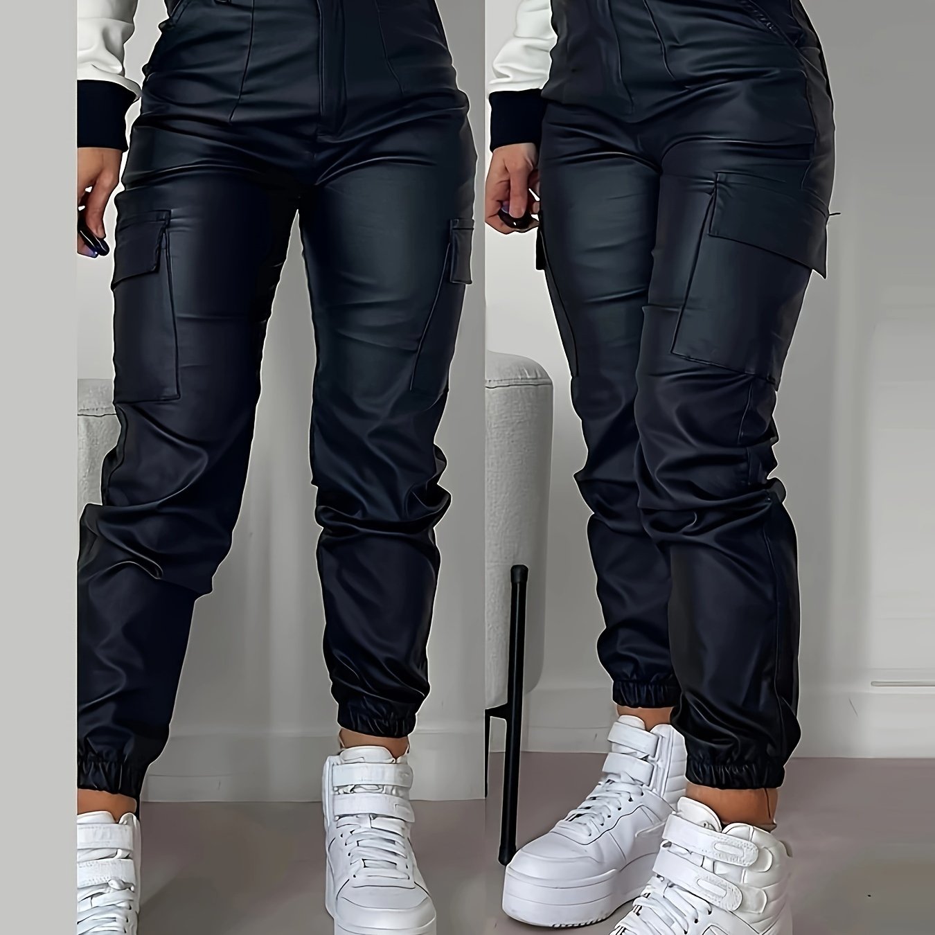 Women’s High-Rise Stretch Cargo Jeans – Black Glossy Denim Pants