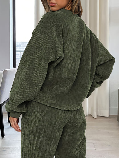 Solid Color Two-Piece Set – Women’s Round Neck Top & Drawstring Pants