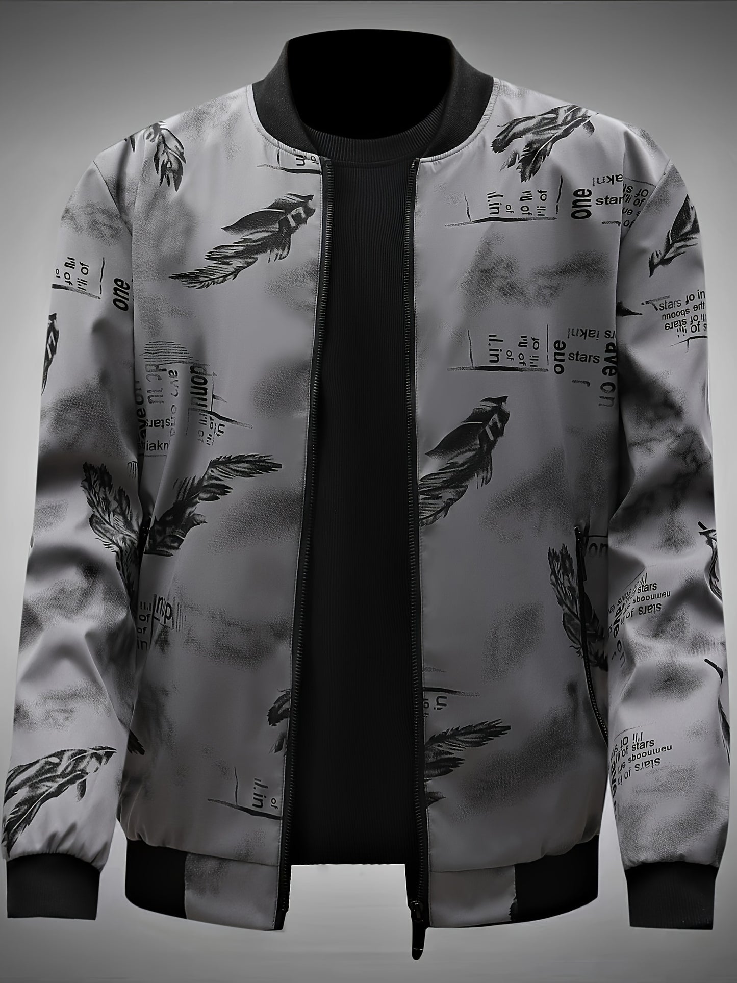 Men’s Feather Print Track Jacket – Zip-Up Baseball Collar Street Coat