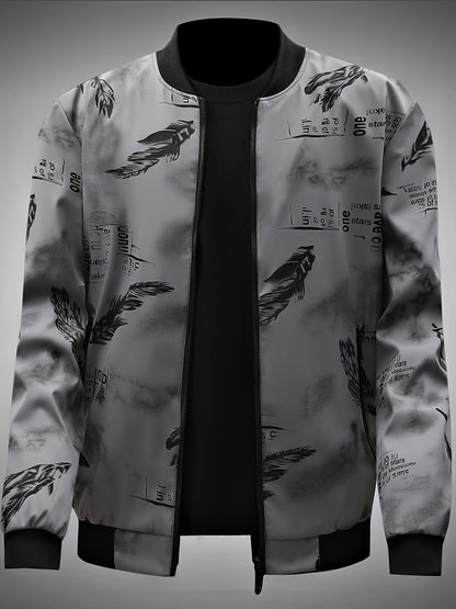 Men’s Feather Print Track Jacket – Zip-Up Baseball Collar Street Coat