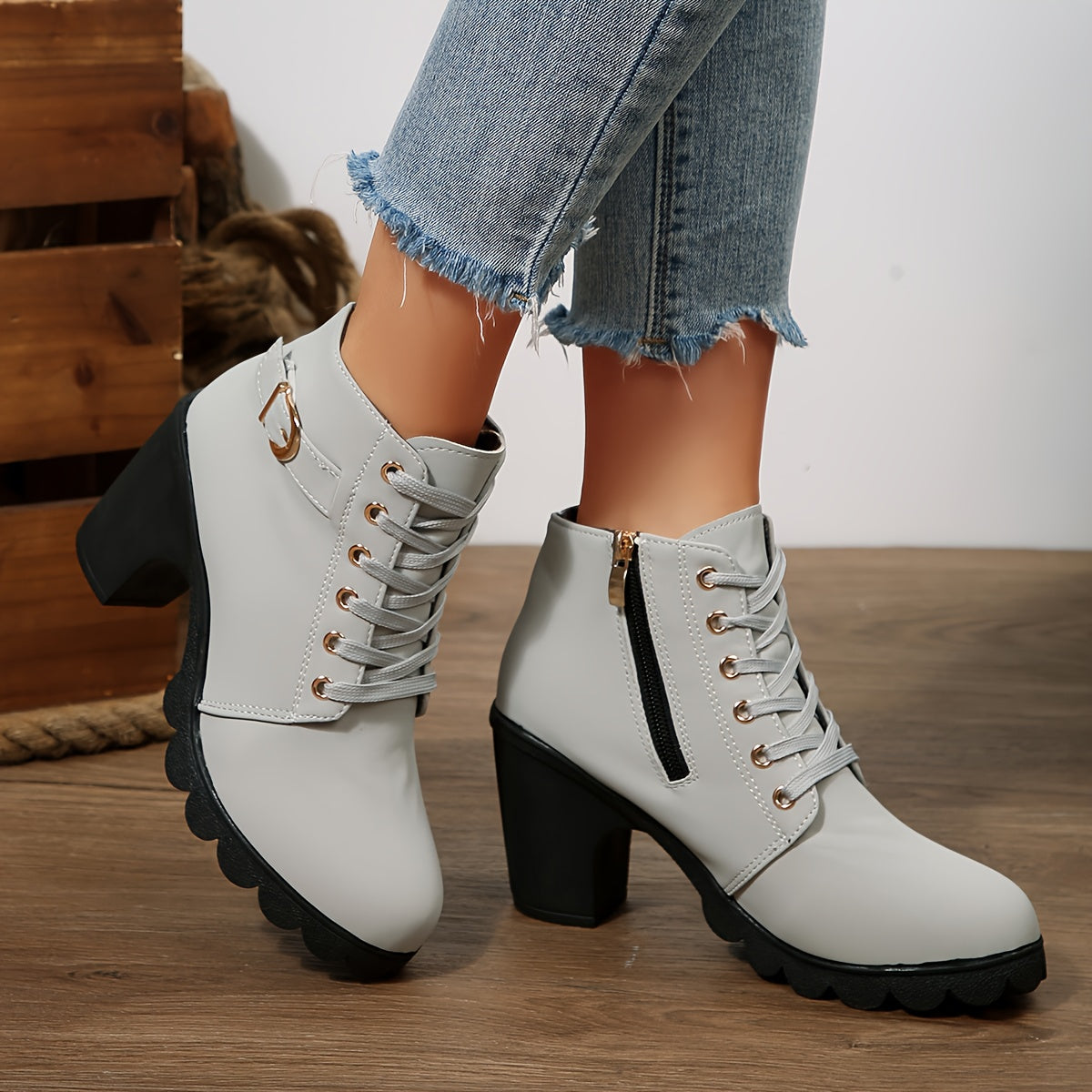Botines de tacón alto para mujer - Tacón de bloque, elegantes, sin cordones