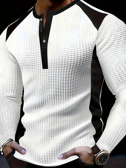 Men’s Waffle Henley Shirt – White & Black All-Season Button Top