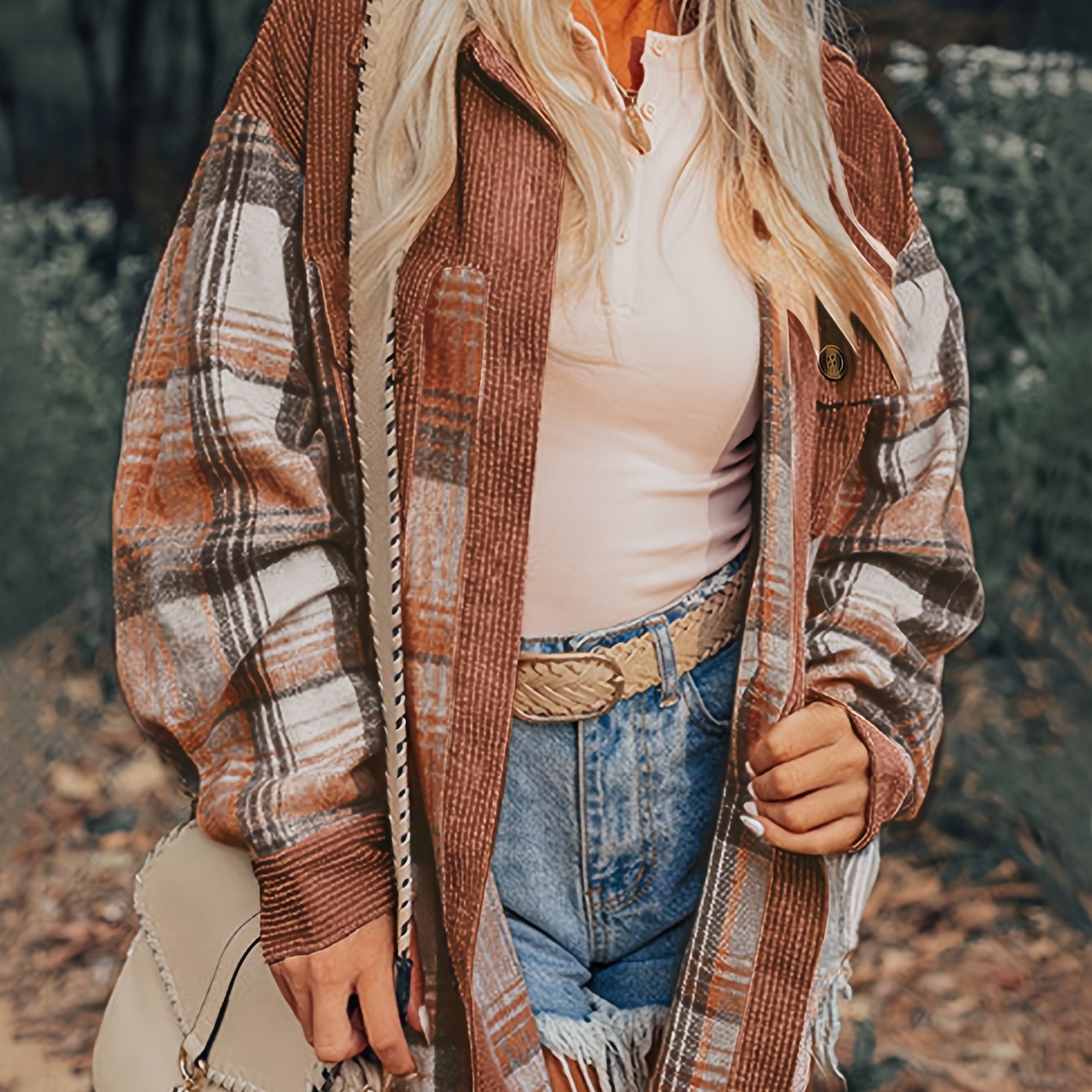 Women’s Plaid Lapel Jacket – Button-Up Drop Shoulder Fall/Spring Shacket