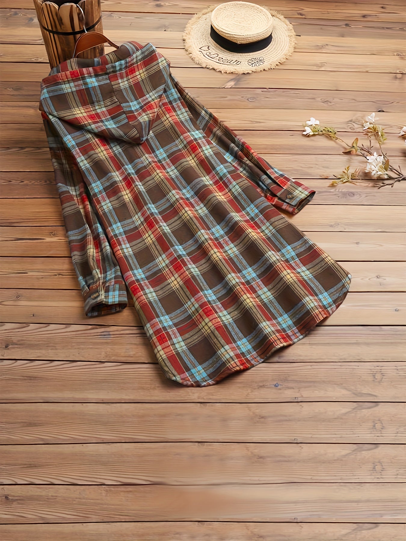 Women’s Retro Plaid Hooded Sweatshirt – Long Button-Up Fall Hoodie