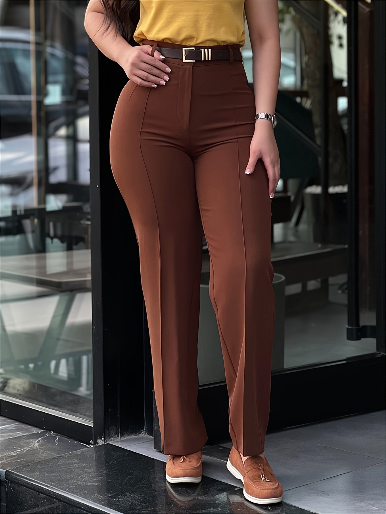 Pantalón de vestir de mujer de talle alto con pernera recta – Pantalón de trabajo negro elegante