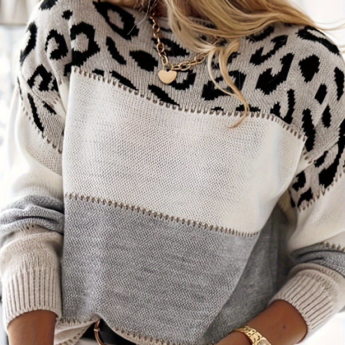 Women’s Leopard Patchwork Sweater – Pink & White Knit Crew Pullover
