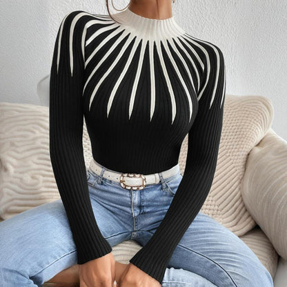 Suéter de punto de cuello alto ajustado para mujer – Manga larga a rayas acanalado