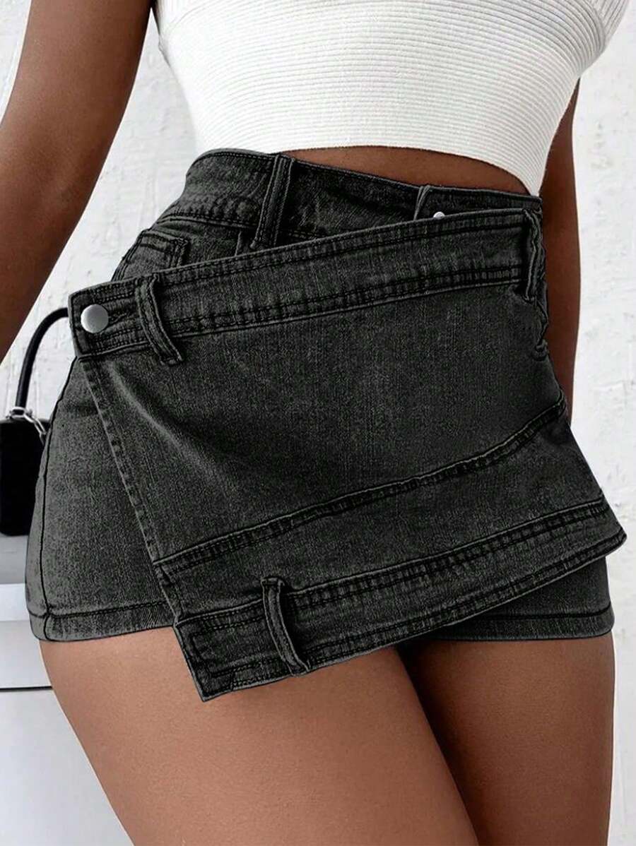 Jupe-short en jean style grunge pour femme – Asymétrique portefeuille évasée streetwear