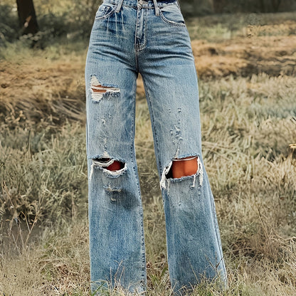 Ripped High Waist Straight Jeans – Street Fit Stretch Denim