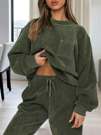 Solid Color Two-Piece Set – Women’s Round Neck Top & Drawstring Pants