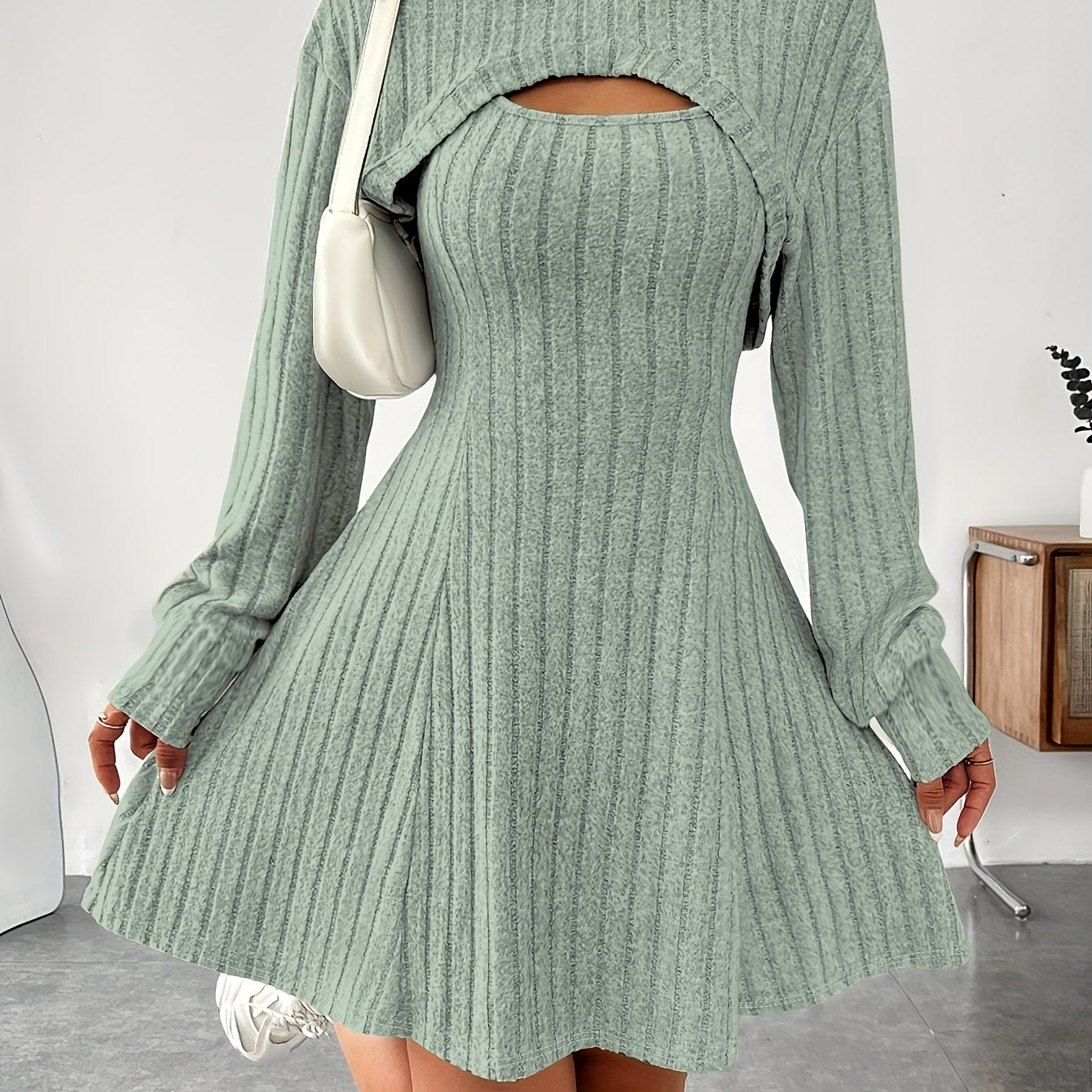 Women’s Ribbed Two-Piece Dress Set – Hooded Short Top & Bodycon Dress