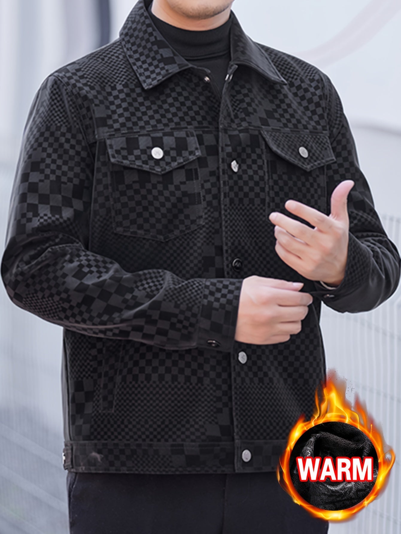 Men’s Checkered PU Coat – Black & Brown Houndstooth Street Jacket