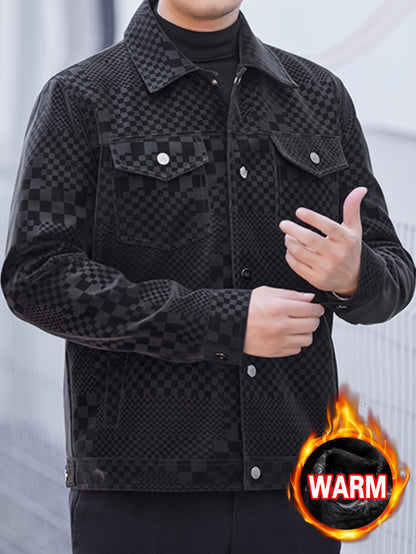 Men’s Checkered PU Coat – Black & Brown Houndstooth Street Jacket