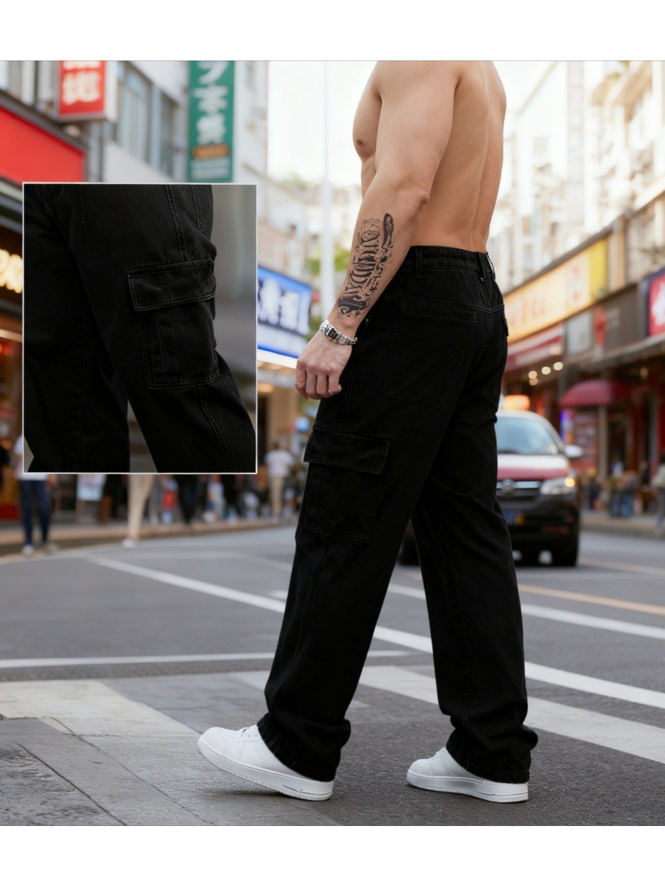 Jean taille large urbain – Jean délavé à poches multiples